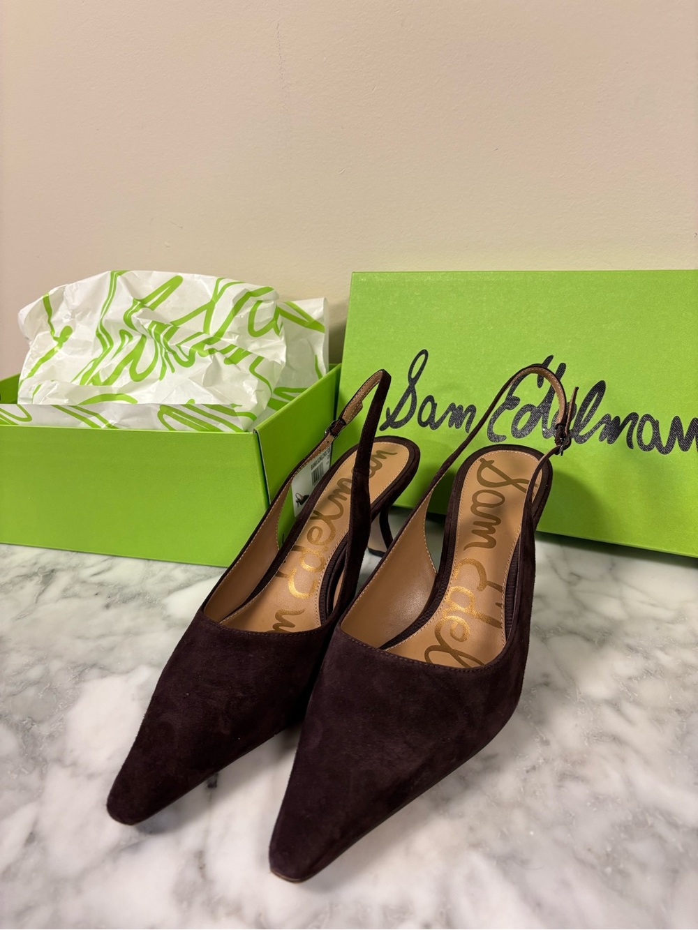 Sam Edelman Dark Brown Suede Pointed Slingback Heels